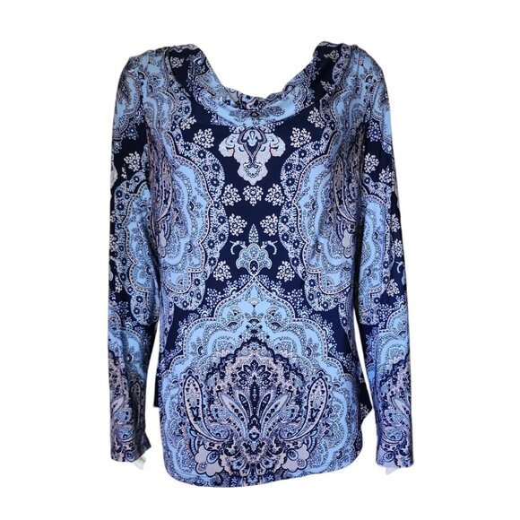 INC International Concepts Top Womens Size XL Blue Black Tan Paisley Drape Neck - Picture 1 of 6